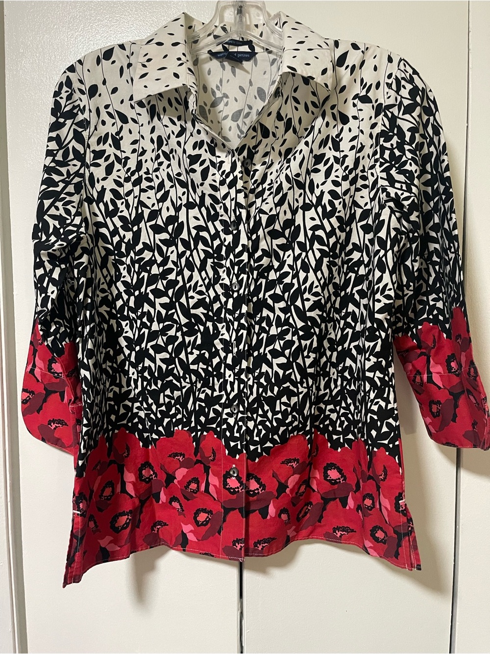 Westbound Black White Leaf Print Button-Down Shirt with Red Floral Hem